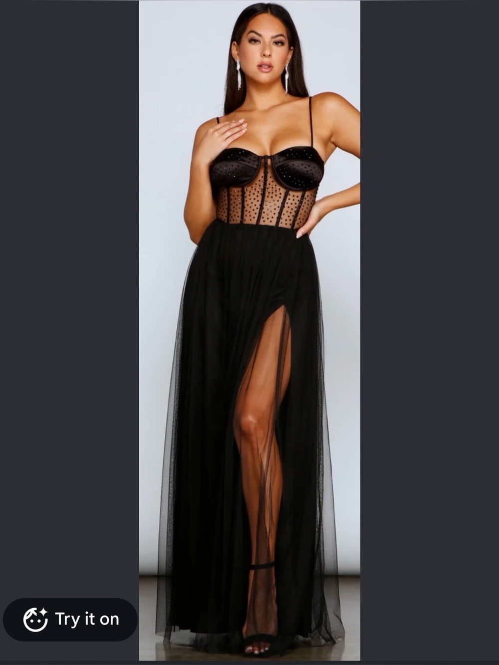 Windsor BLACK mesh corset tulle dress gown evening event rhinestone slit S nwot